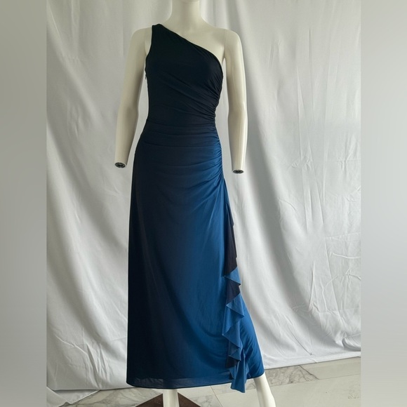 Betsy & Adam’s One shoulder Ruched Maxi Dress Size 4 Blue Ombre - Picture 1 of 9